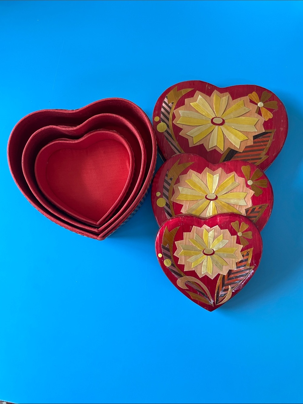 Hand-Painted Red Heart Nesting Boxes with Floral Motif